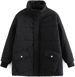 Winter Parka Women's Double Pockets Stand Collar Down Cotton Padded Jacket Loose Warm Coat