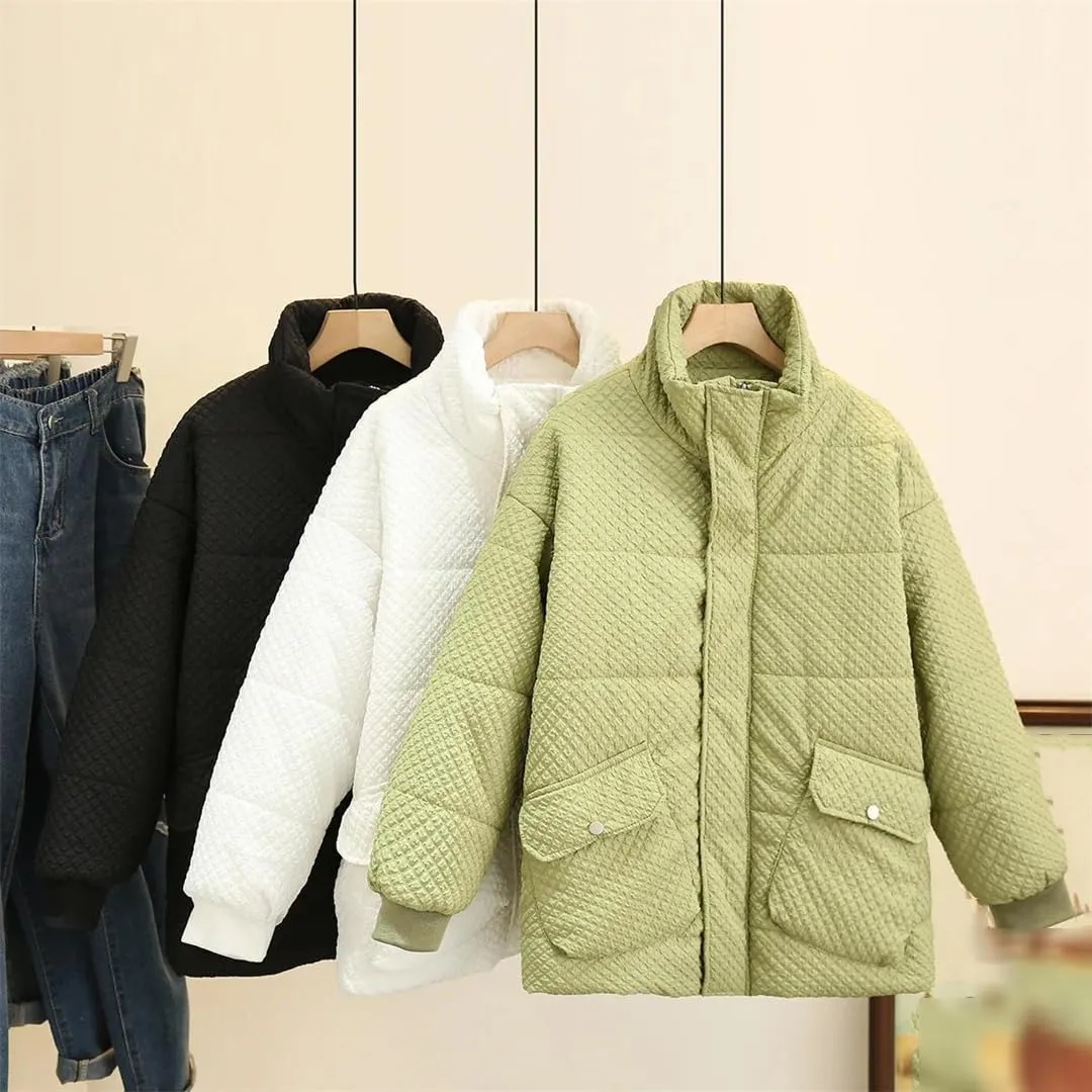 Winter Parka Women's Double Pockets Stand Collar Down Cotton Padded Jacket Loose Warm Coat