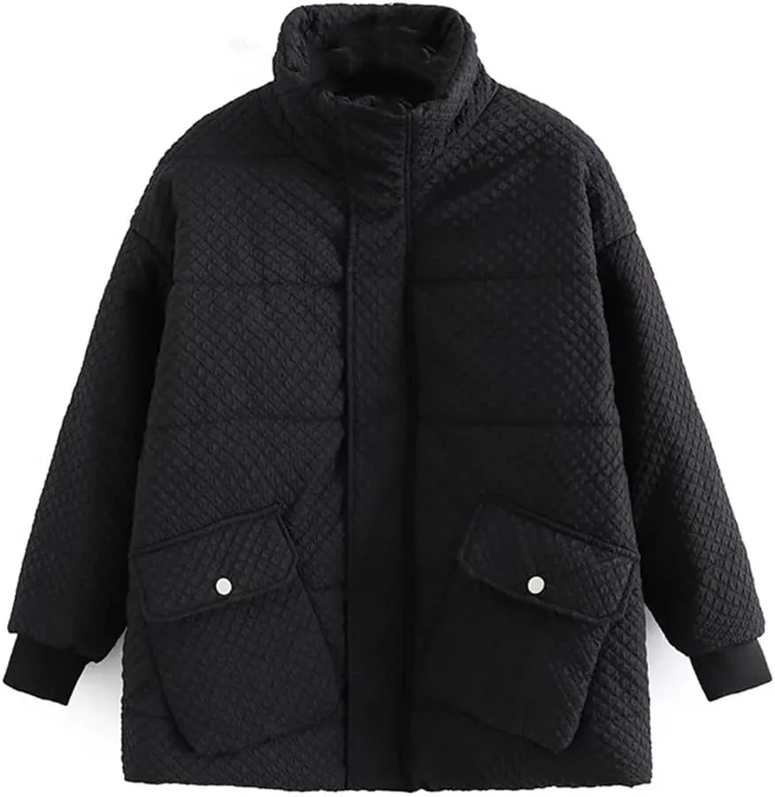 Winter Parka Women's Double Pockets Stand Collar Down Cotton Padded Jacket Loose Warm Coat