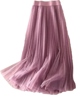 Wjnvfioo Women Summer Solid Color Pleated Mesh Skirt High Waisted Shirring Slim Casual Korean Lady Midi Skirts