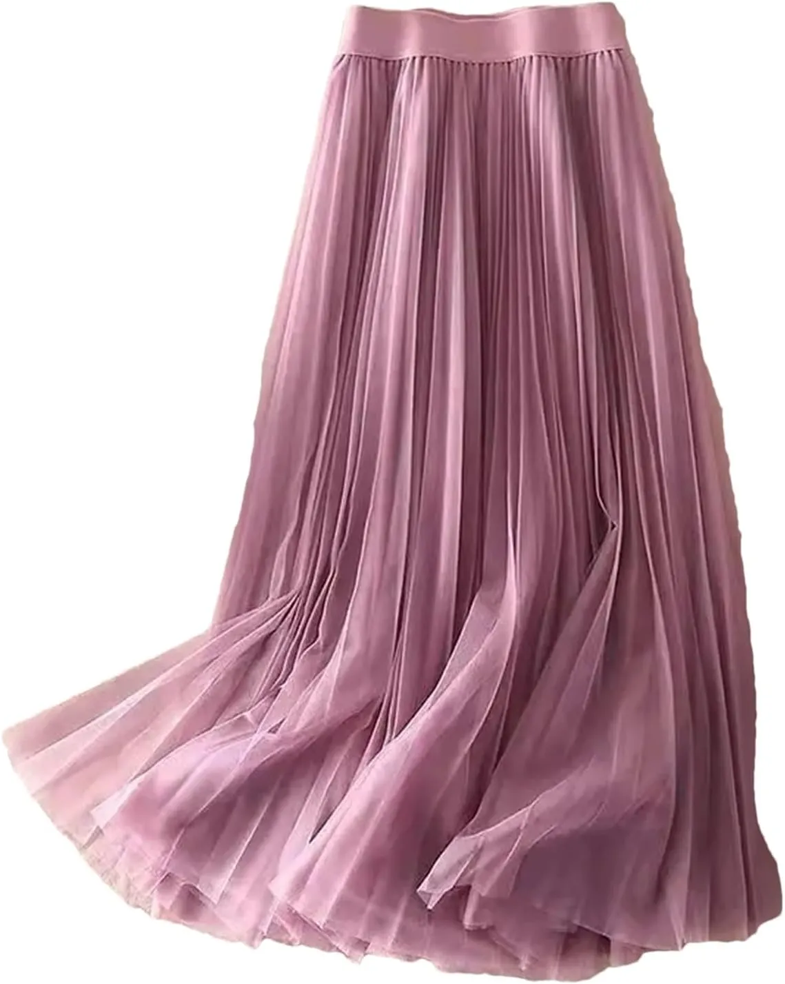 Wjnvfioo Women Summer Solid Color Pleated Mesh Skirt High Waisted Shirring Slim Casual Korean Lady Midi Skirts