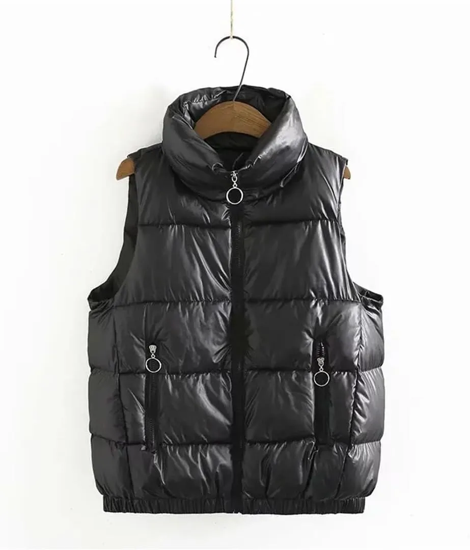 Women Clothing Sleeveless Jacket Winter Short Outerwear Simple Stand Collar Eiderdown Cotton Padded Coat