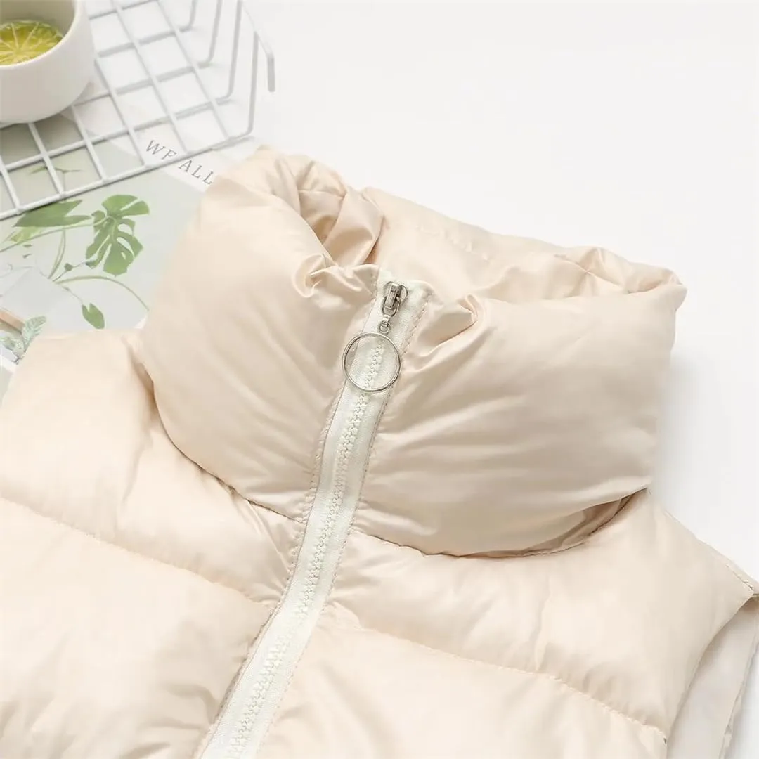 Women Clothing Sleeveless Jacket Winter Short Outerwear Simple Stand Collar Eiderdown Cotton Padded Coat