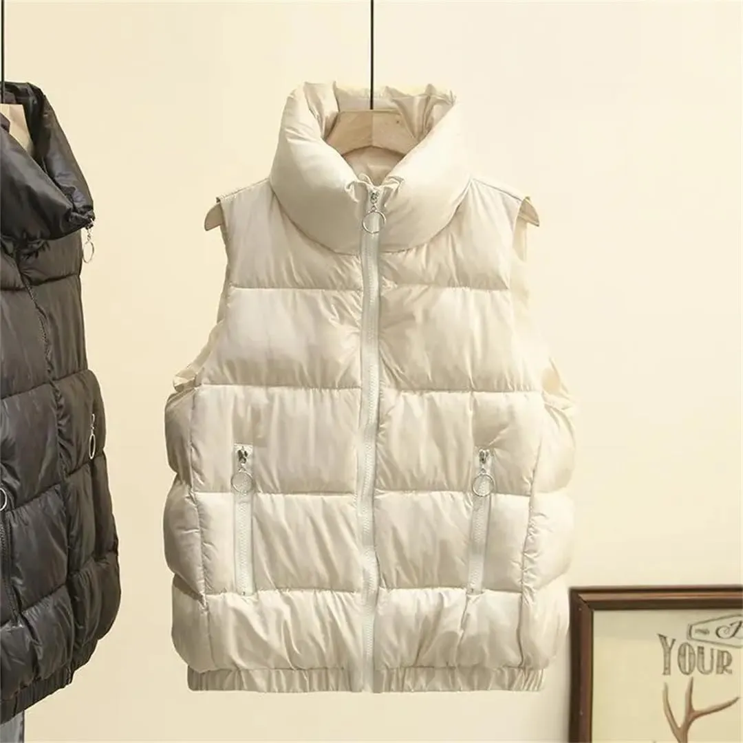 Women Clothing Sleeveless Jacket Winter Short Outerwear Simple Stand Collar Eiderdown Cotton Padded Coat