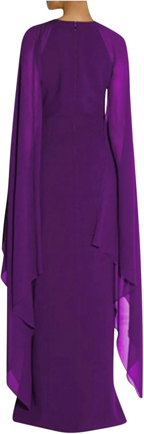 Women Elegant Split Cocktail Pencil Dress Cape Sleeve Chiffon Patchwork Formal Evening Maxi Gowns Wedding Dresses