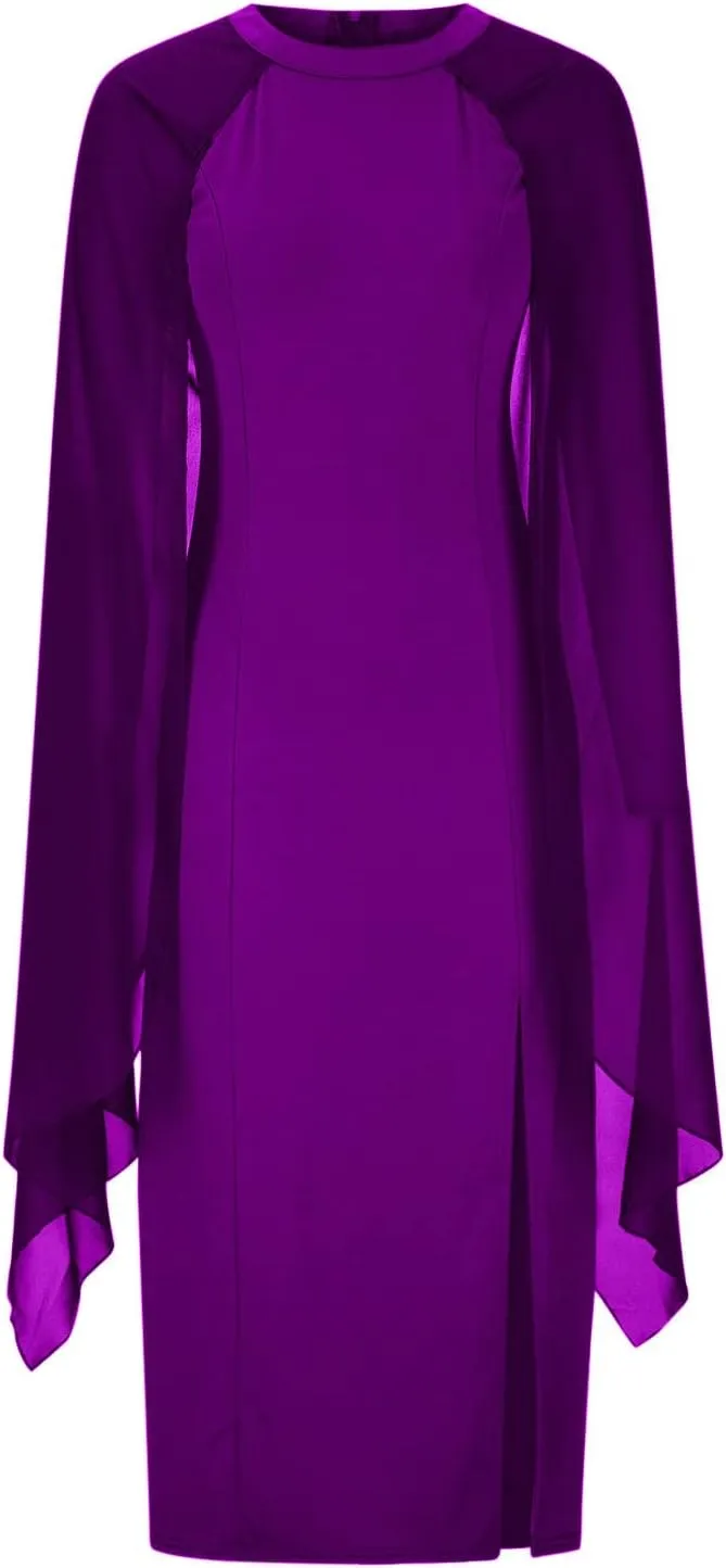 Women Elegant Split Cocktail Pencil Dress Cape Sleeve Chiffon Patchwork Formal Evening Maxi Gowns Wedding Dresses