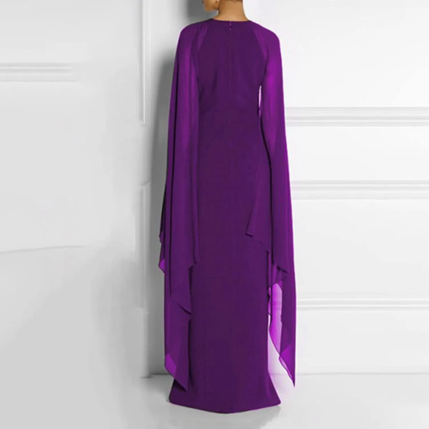 Women Elegant Split Cocktail Pencil Dress Cape Sleeve Chiffon Patchwork Formal Evening Maxi Gowns Wedding Dresses