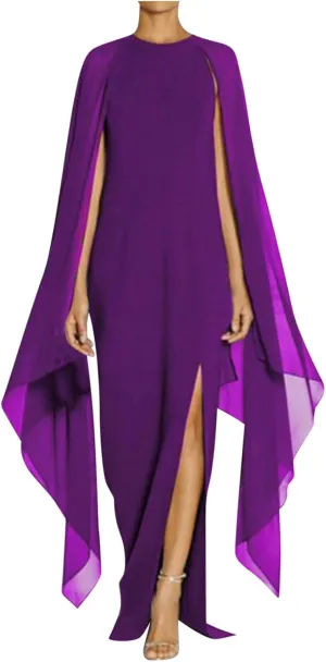 Women Elegant Split Cocktail Pencil Dress Cape Sleeve Chiffon Patchwork Formal Evening Maxi Gowns Wedding Dresses