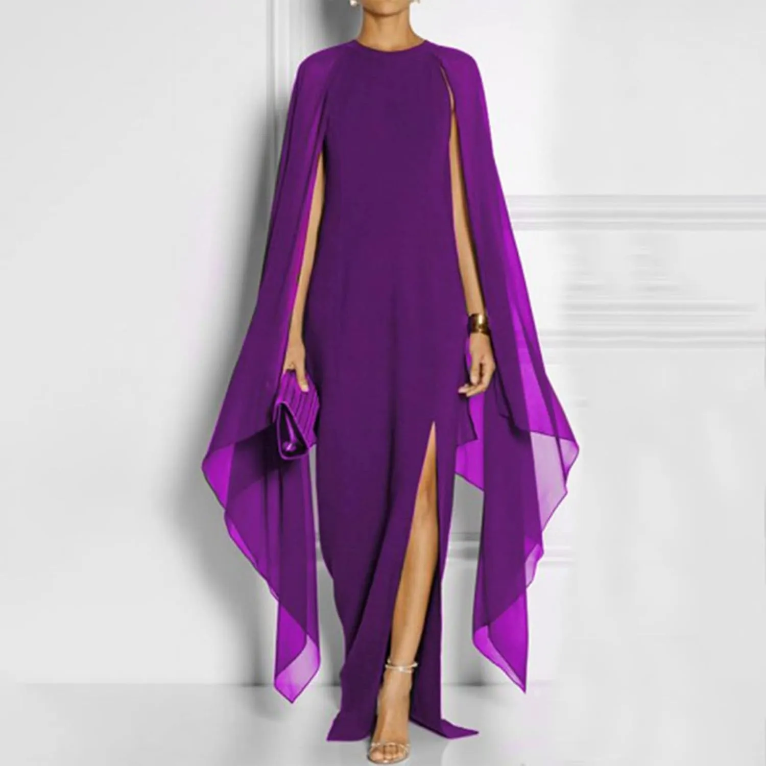 Women Elegant Split Cocktail Pencil Dress Cape Sleeve Chiffon Patchwork Formal Evening Maxi Gowns Wedding Dresses