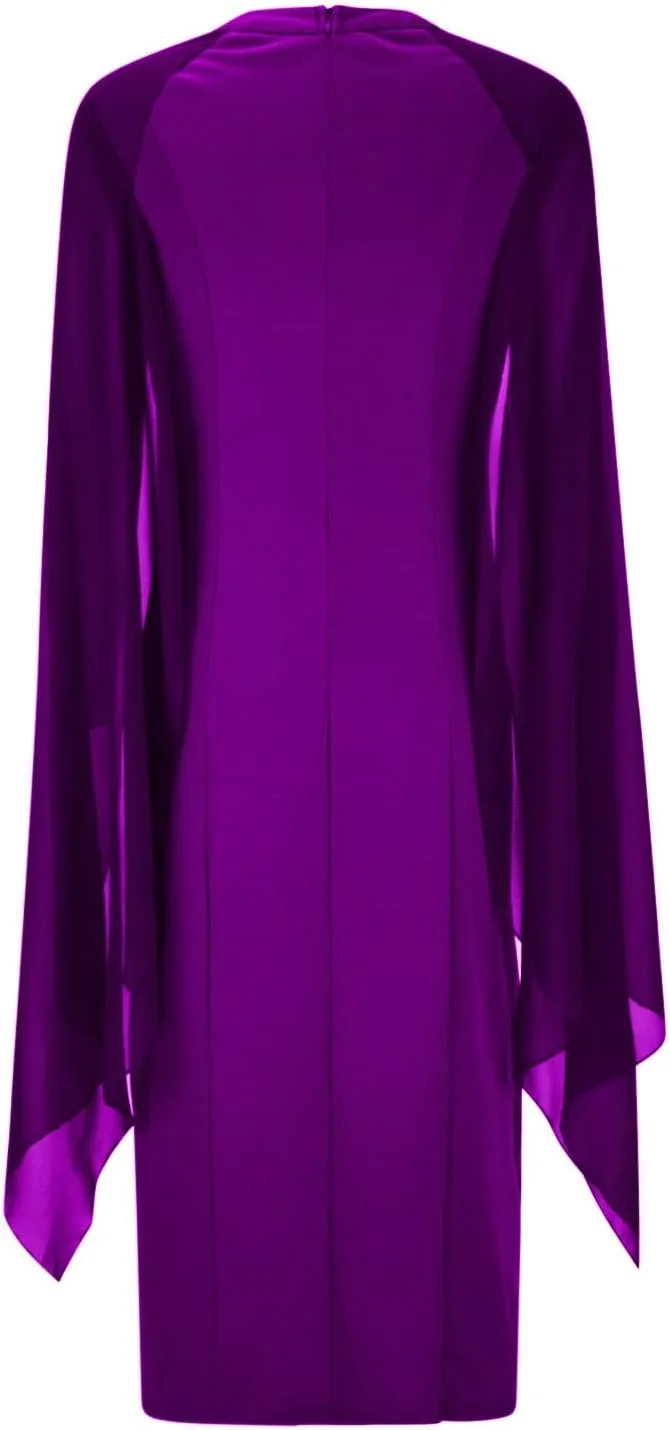 Women Elegant Split Cocktail Pencil Dress Cape Sleeve Chiffon Patchwork Formal Evening Maxi Gowns Wedding Dresses
