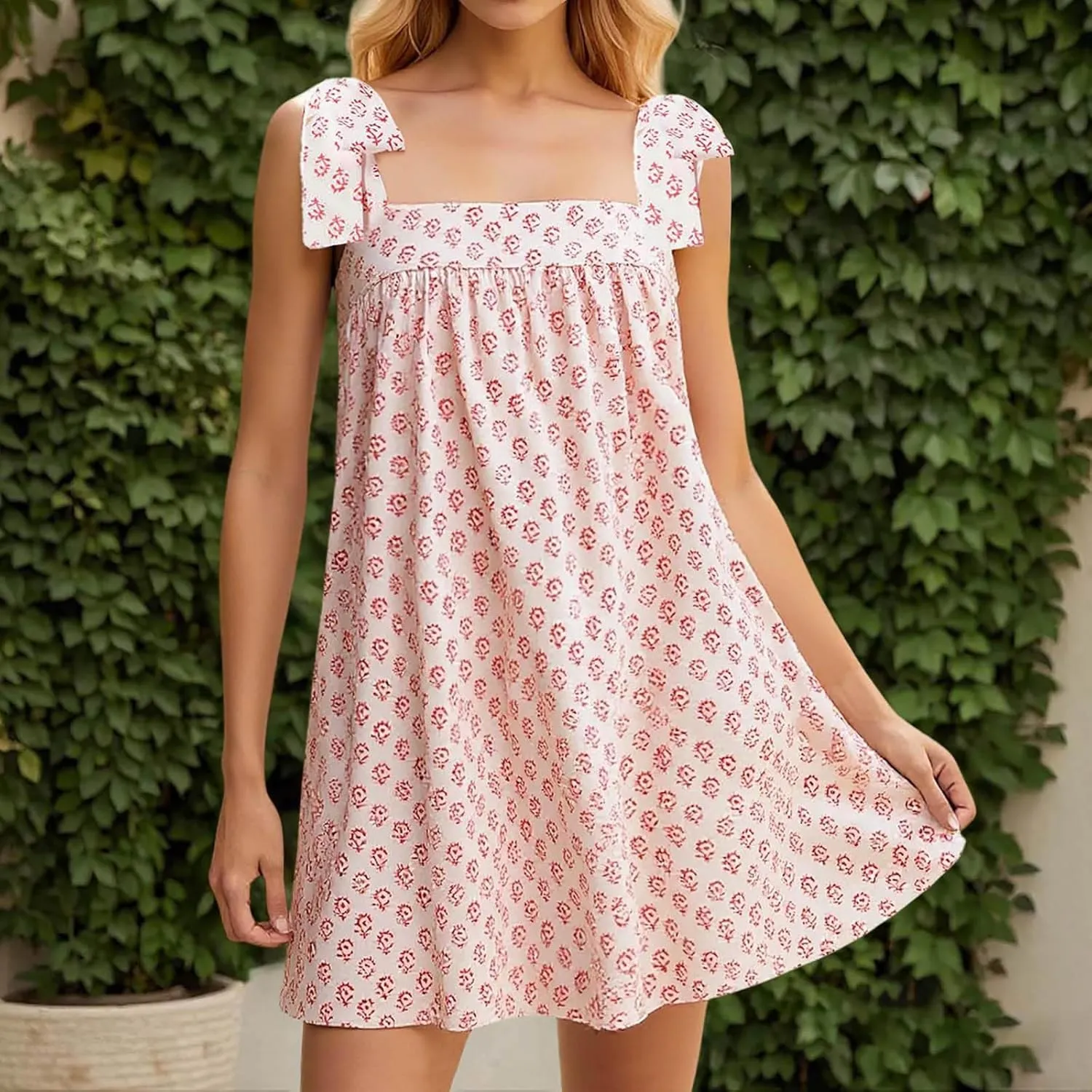 Women Floral Tie Shoulder Mini Strap Dress Cute Square Neck Loose Fit Beach Short Dress Backless Boho Vacation Sundress