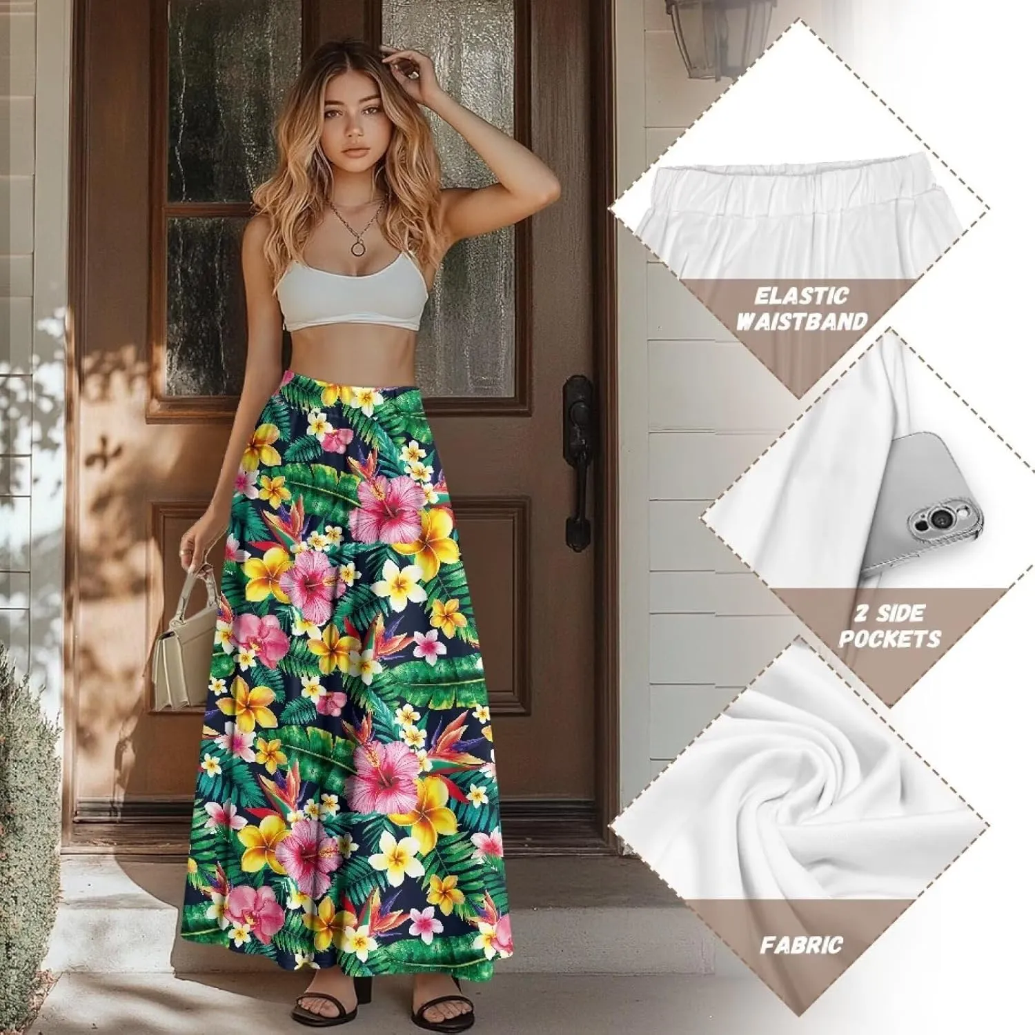 Women Flowy Long Skirts Summer Beach Pleated Elastic High Waisted Casual Maxi Skirts with Pockets Size S-2XL