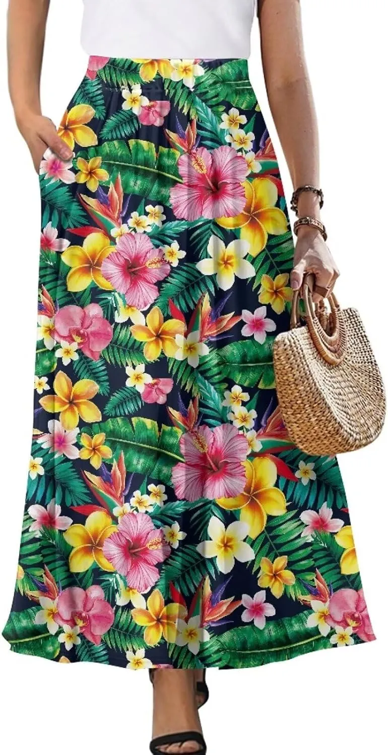 Women Flowy Long Skirts Summer Beach Pleated Elastic High Waisted Casual Maxi Skirts with Pockets Size S-2XL