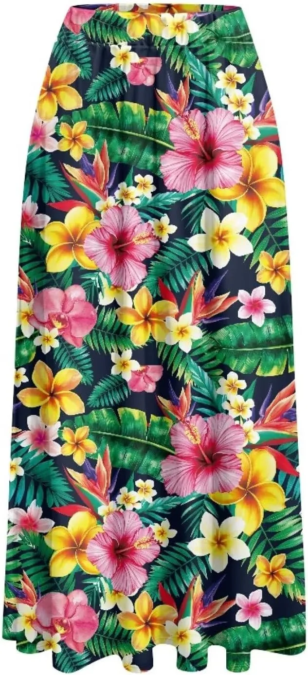 Women Flowy Long Skirts Summer Beach Pleated Elastic High Waisted Casual Maxi Skirts with Pockets Size S-2XL