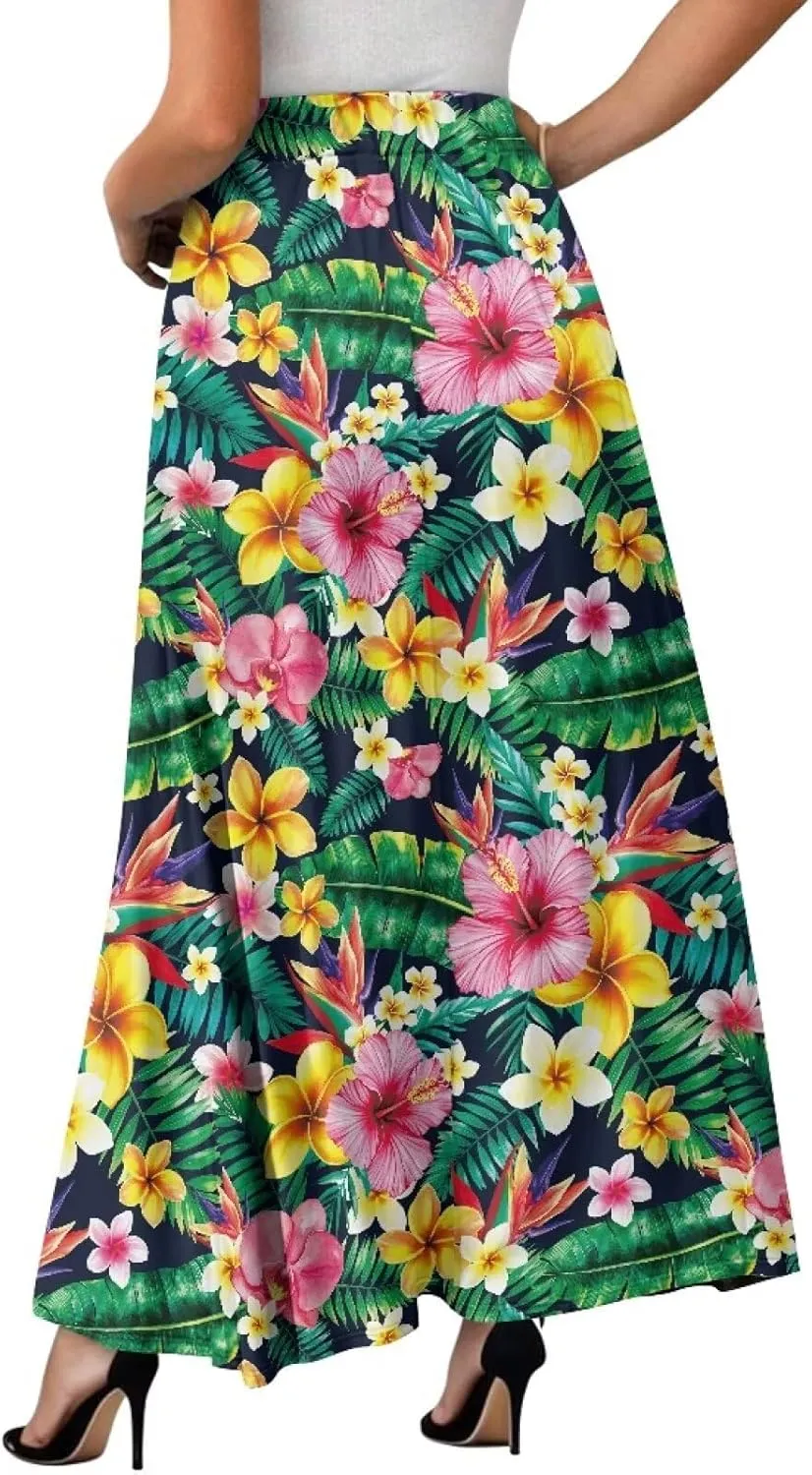 Women Flowy Long Skirts Summer Beach Pleated Elastic High Waisted Casual Maxi Skirts with Pockets Size S-2XL