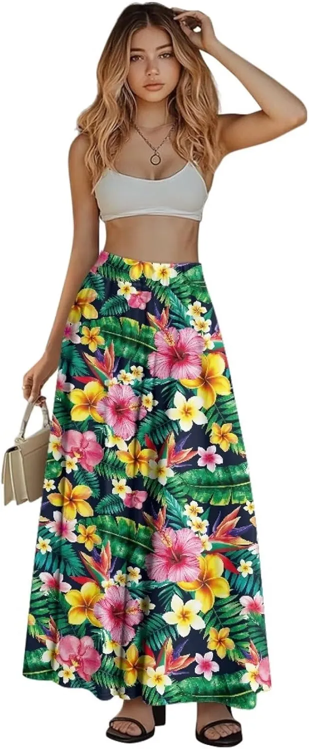 Women Flowy Long Skirts Summer Beach Pleated Elastic High Waisted Casual Maxi Skirts with Pockets Size S-2XL