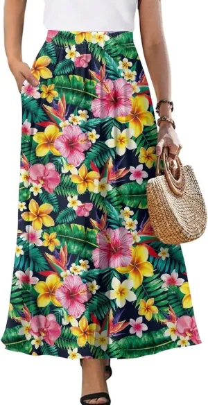 Women Flowy Long Skirts Summer Beach Pleated Elastic High Waisted Casual Maxi Skirts with Pockets Size S-2XL