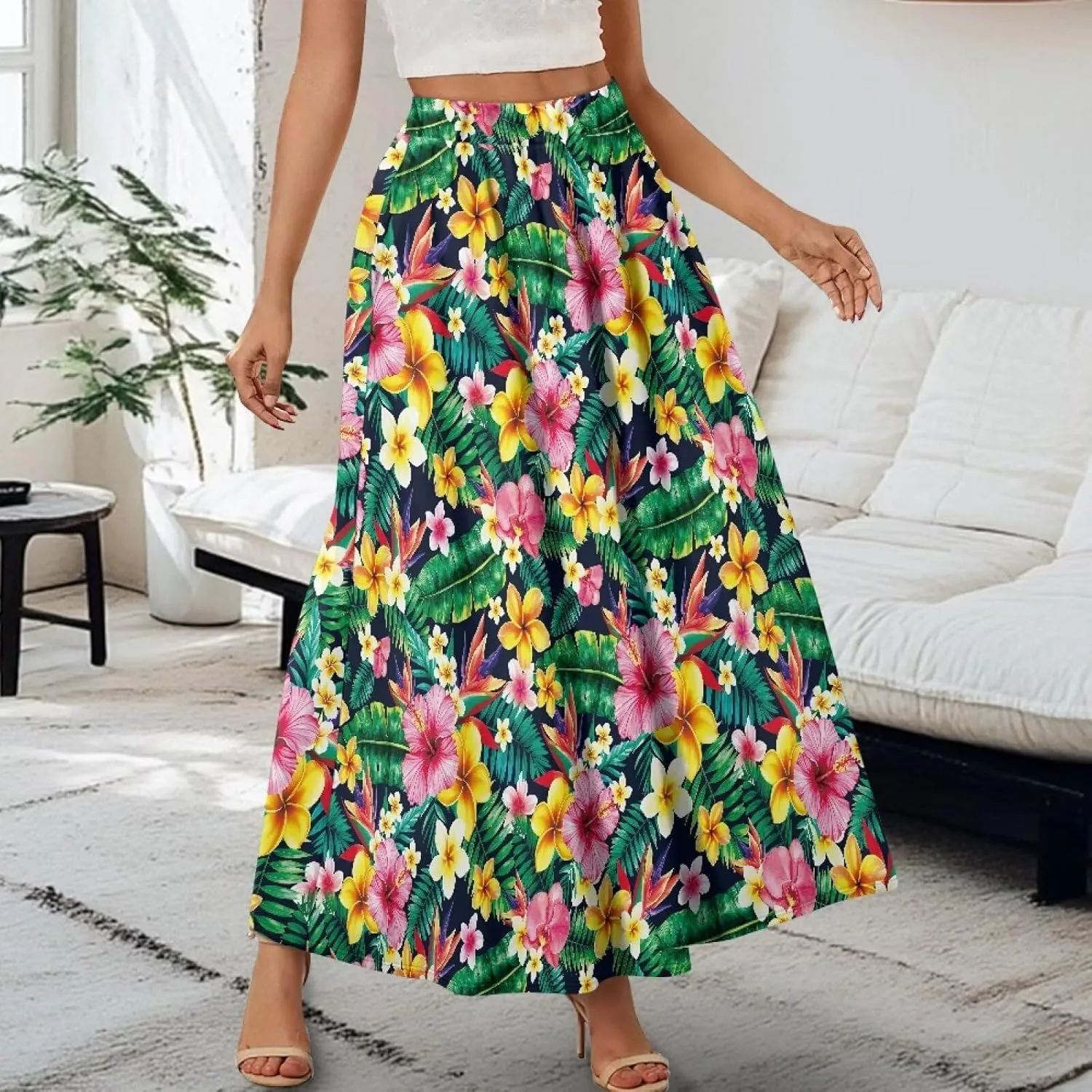 Women Flowy Long Skirts Summer Beach Pleated Elastic High Waisted Casual Maxi Skirts with Pockets Size S-2XL