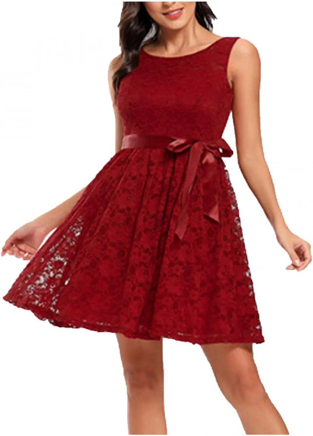 Women Lace Floral Midi Dress Empire Waist Sleeveless Short Dresses Elegant Wedding Guest Party Prom Gown Dress Wine