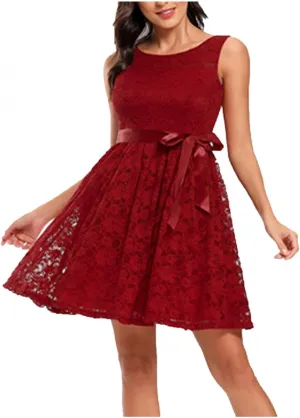 Women Lace Floral Midi Dress Empire Waist Sleeveless Short Dresses Elegant Wedding Guest Party Prom Gown Dress Wine