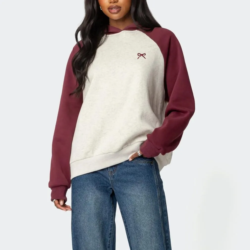 Women Oversized Bow Hoodies Long Sleeve Cute Graphic Hooded Sweatshirts Preppy Aesthetic Pullover Top