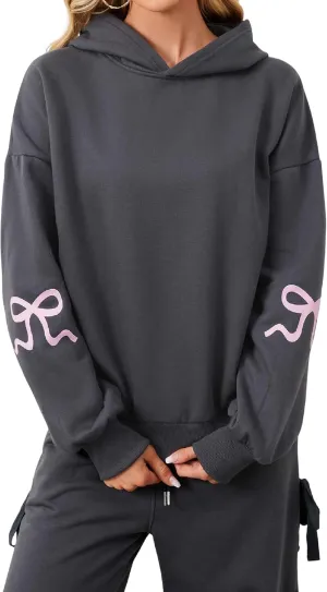 Women Pink Bow Hoodies Loose Fit Long Sleeve Graphic Preppy Hoodies Casual Y2k Cute Hoodies for Teen Girls Outfits