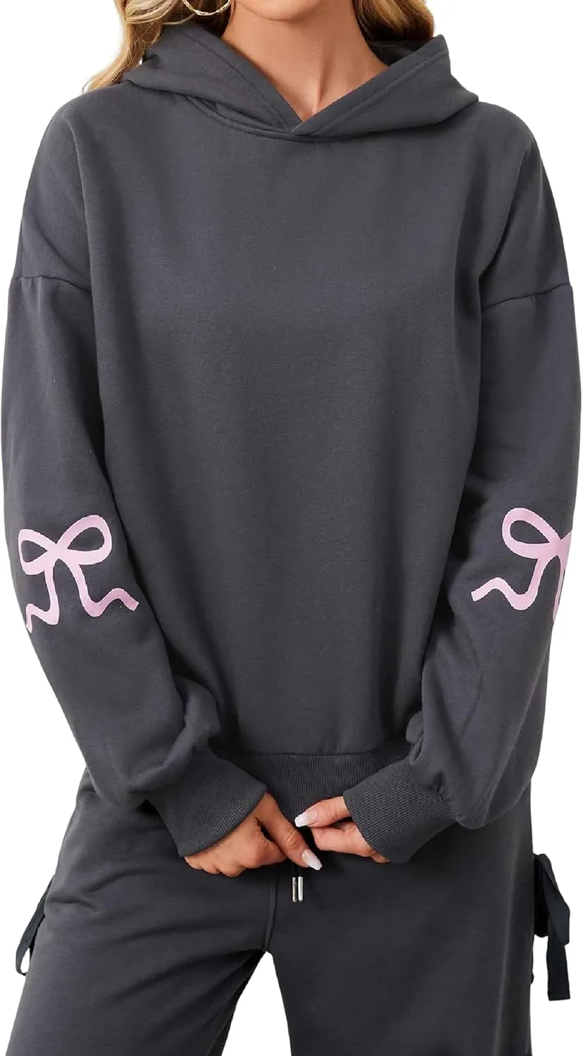 Women Pink Bow Hoodies Loose Fit Long Sleeve Graphic Preppy Hoodies Casual Y2k Cute Hoodies for Teen Girls Outfits