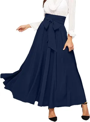 Women Pleated A-Line Skirts Strappy High Waist Stretch Solid Midi Long Maxi Skirts Casual Skirts