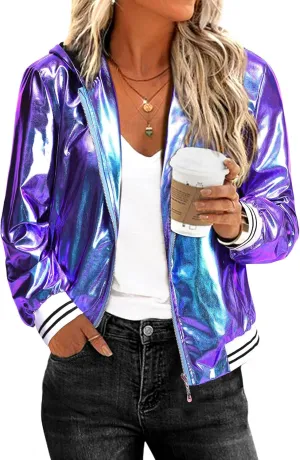 Women Silver Metallic Holographic Glitter Jacket Sparkly Zipper Hooded Concert Rave Party Bomber Jackets with Pocket