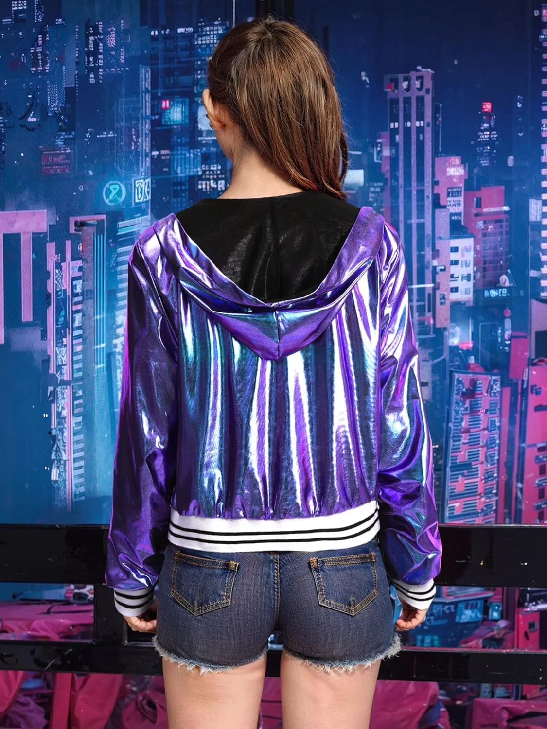 Women Silver Metallic Holographic Glitter Jacket Sparkly Zipper Hooded Concert Rave Party Bomber Jackets with Pocket