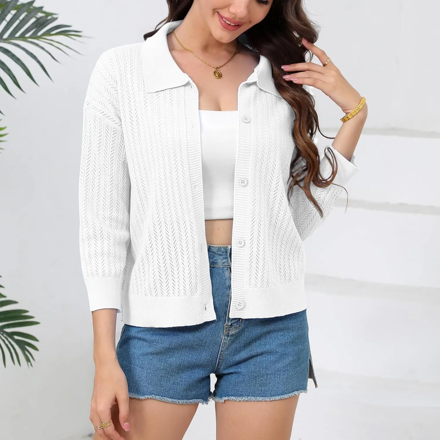 Women Spring Casual Cropped Cardigan 3/4 Sleeve Lightweight Button Down Lapel Collar Hollow Out 2025 Knit Cardigans