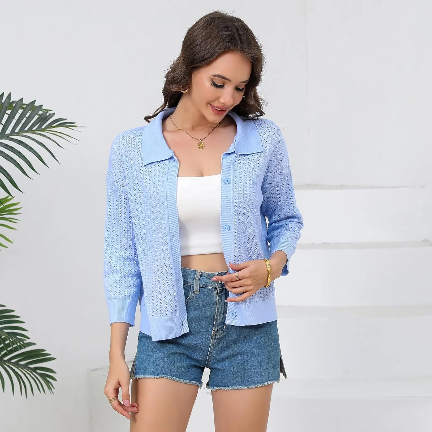 Women Spring Casual Cropped Cardigan 3/4 Sleeve Lightweight Button Down Lapel Collar Hollow Out 2025 Knit Cardigans