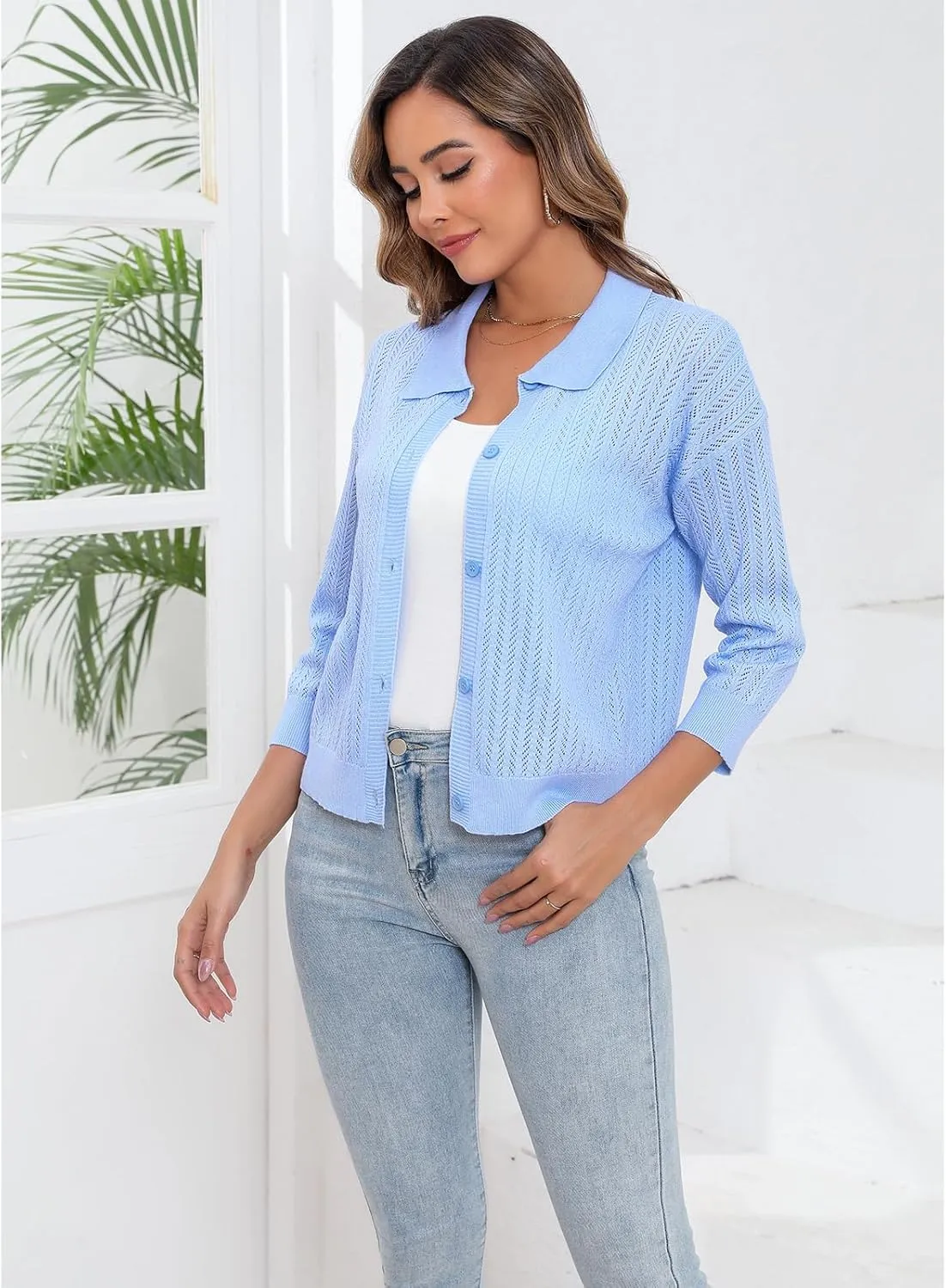 Women Spring Casual Cropped Cardigan 3/4 Sleeve Lightweight Button Down Lapel Collar Hollow Out 2025 Knit Cardigans