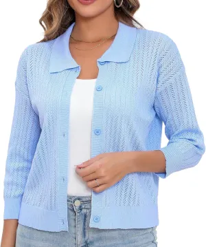Women Spring Casual Cropped Cardigan 3/4 Sleeve Lightweight Button Down Lapel Collar Hollow Out 2025 Knit Cardigans