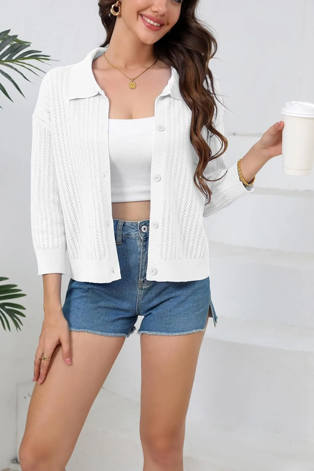 Women Spring Casual Cropped Cardigan 3/4 Sleeve Lightweight Button Down Lapel Collar Hollow Out 2025 Knit Cardigans