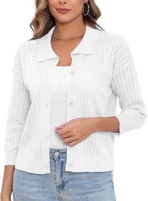 Women Spring Casual Cropped Cardigan 3/4 Sleeve Lightweight Button Down Lapel Collar Hollow Out 2025 Knit Cardigans