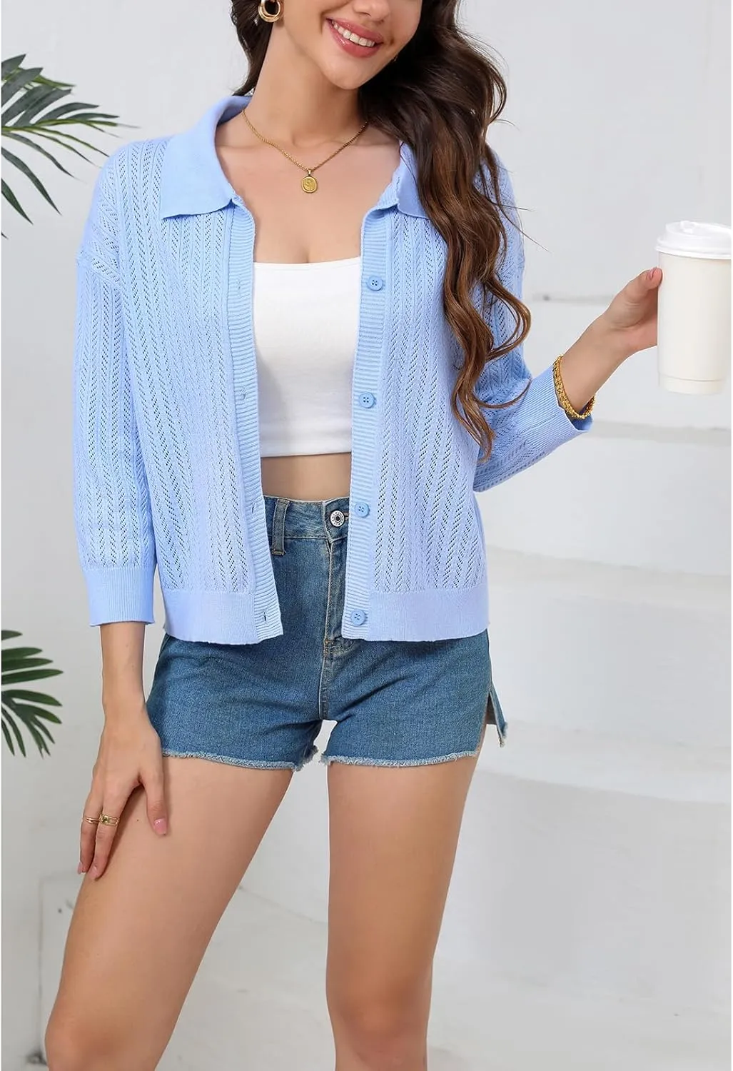 Women Spring Casual Cropped Cardigan 3/4 Sleeve Lightweight Button Down Lapel Collar Hollow Out 2025 Knit Cardigans