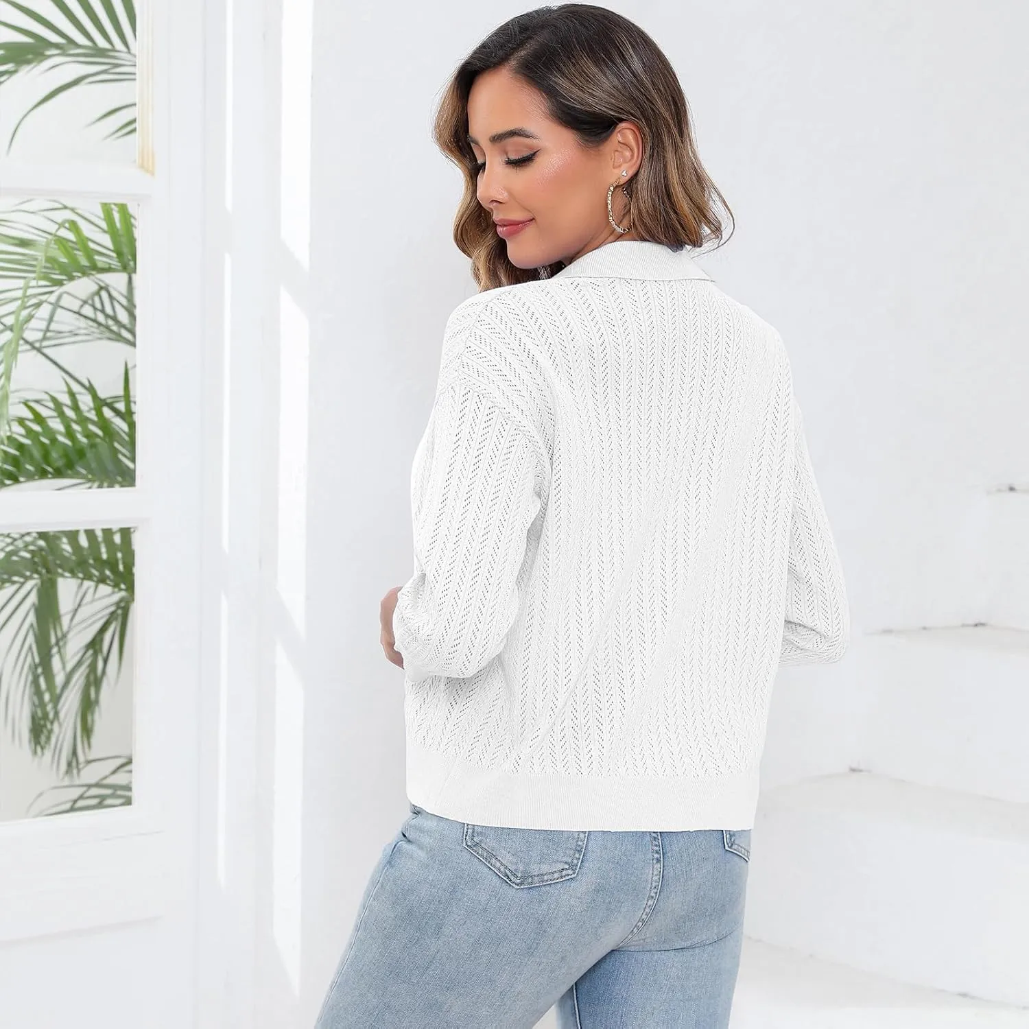 Women Spring Casual Cropped Cardigan 3/4 Sleeve Lightweight Button Down Lapel Collar Hollow Out 2025 Knit Cardigans