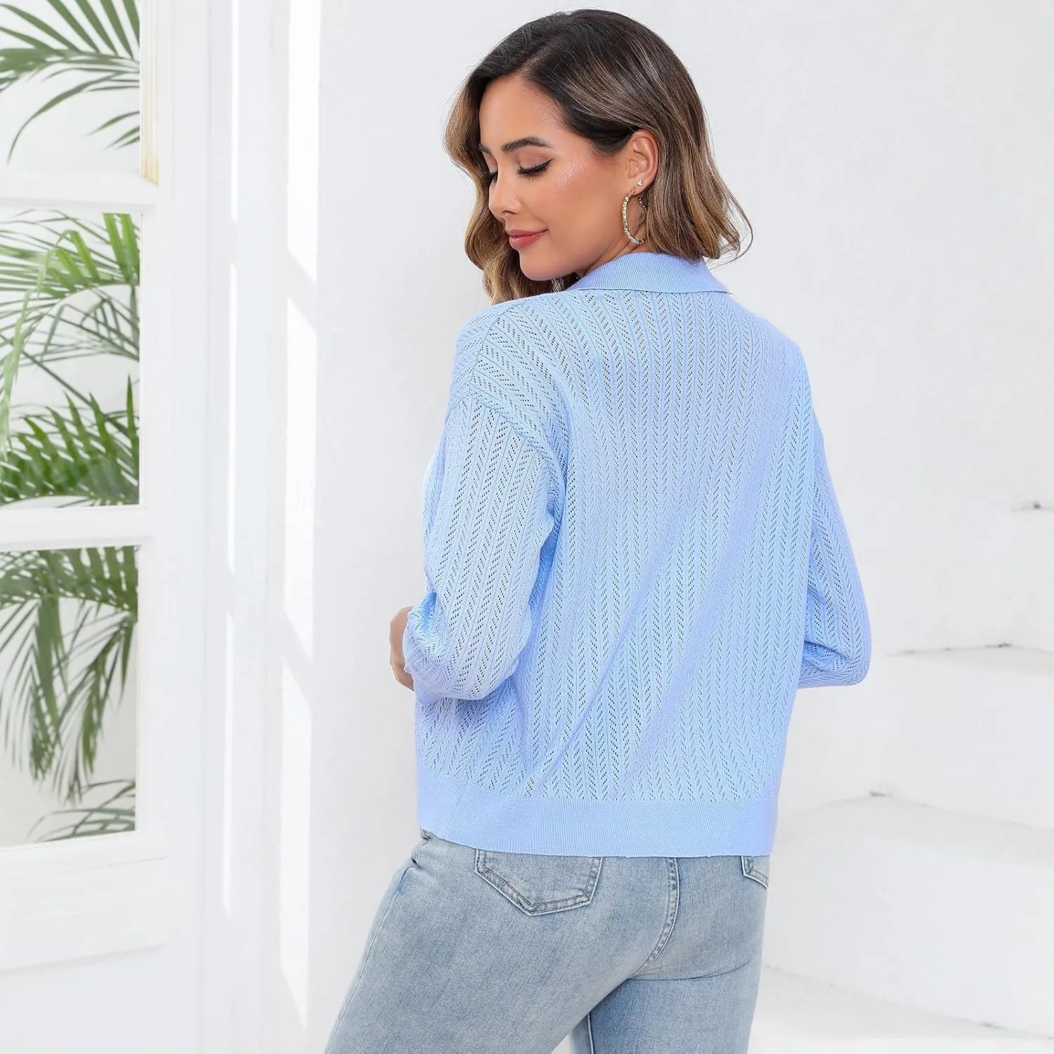 Women Spring Casual Cropped Cardigan 3/4 Sleeve Lightweight Button Down Lapel Collar Hollow Out 2025 Knit Cardigans