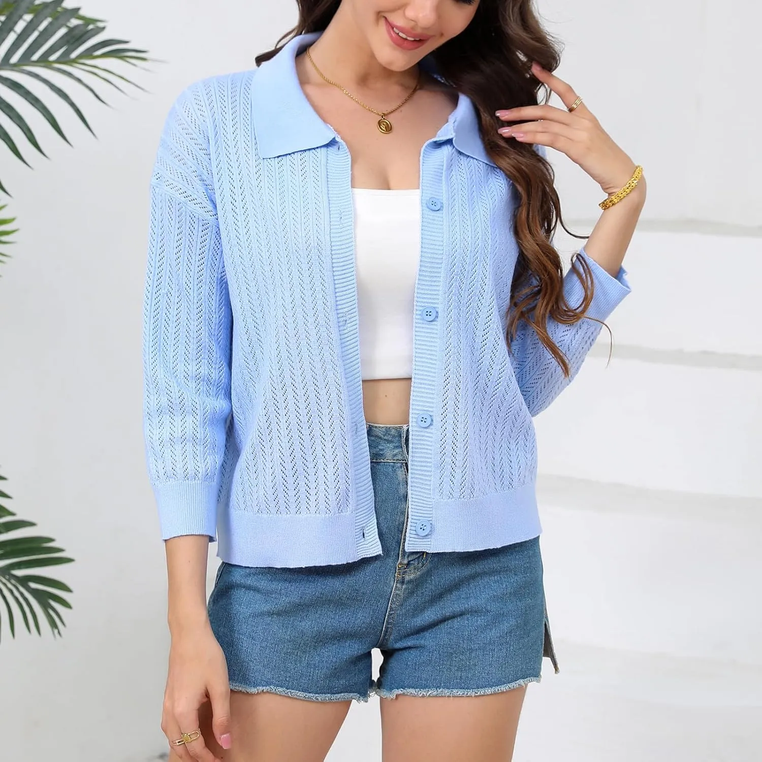Women Spring Casual Cropped Cardigan 3/4 Sleeve Lightweight Button Down Lapel Collar Hollow Out 2025 Knit Cardigans