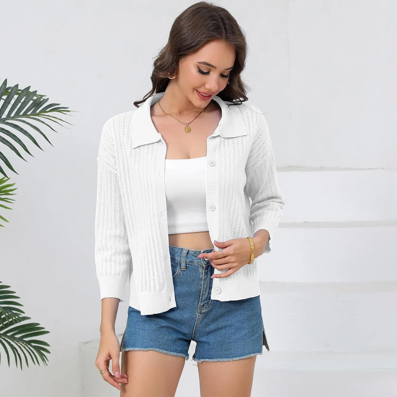 Women Spring Casual Cropped Cardigan 3/4 Sleeve Lightweight Button Down Lapel Collar Hollow Out 2025 Knit Cardigans