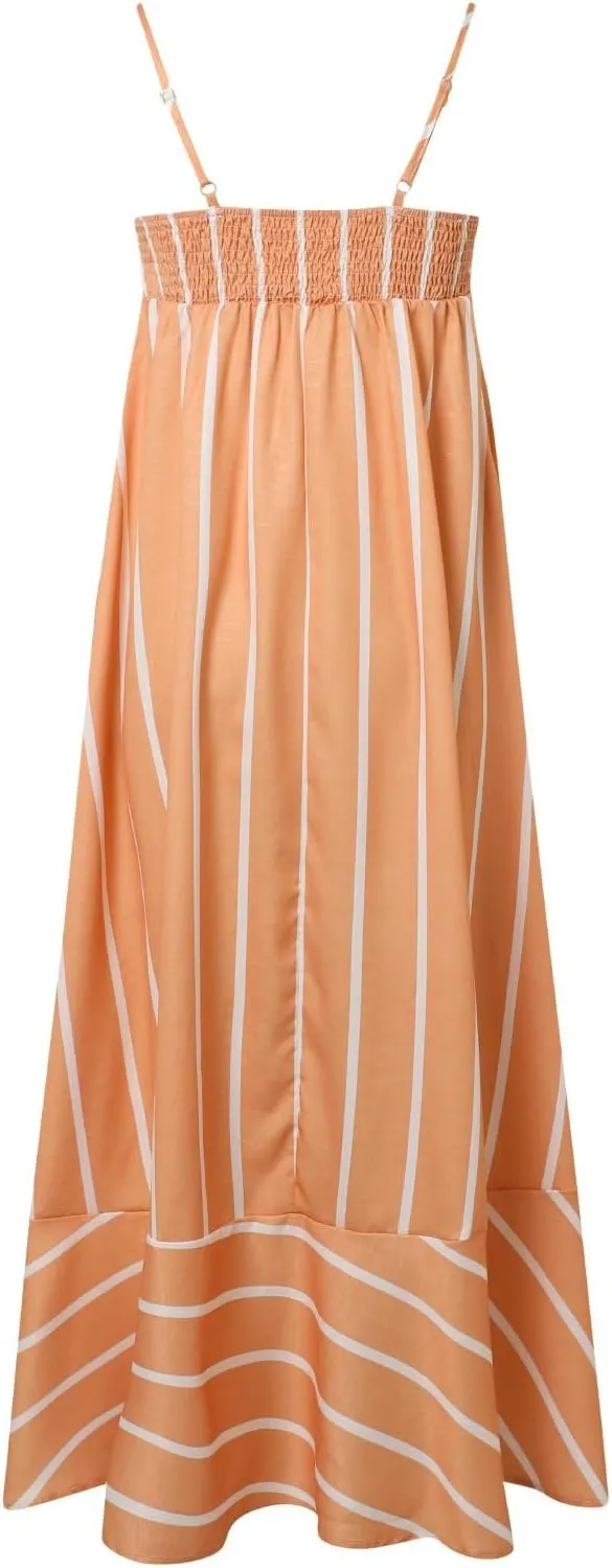 Women Striped Print Maxi Dress Spaghetti Strap Flowy Tiered Dress Sleeveless Casual Summer Sundress, 3X-Large, Black