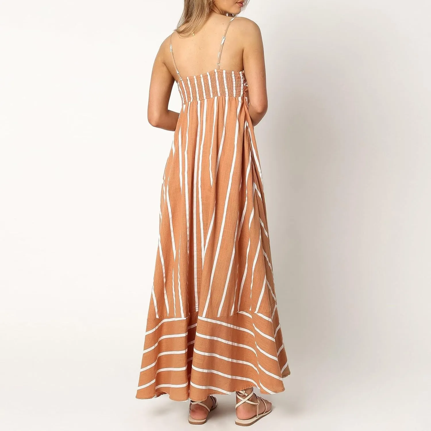 Women Striped Print Maxi Dress Spaghetti Strap Flowy Tiered Dress Sleeveless Casual Summer Sundress, 3X-Large, Black