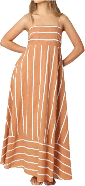 Women Striped Print Maxi Dress Spaghetti Strap Flowy Tiered Dress Sleeveless Casual Summer Sundress, 3X-Large, Black