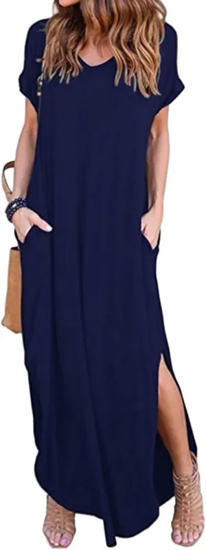 Women Summer Long T Shirt Dress Loose Short Sleeve Split Long Maxi Dresses Casual Beach Sundress Travel Vacation Outfits