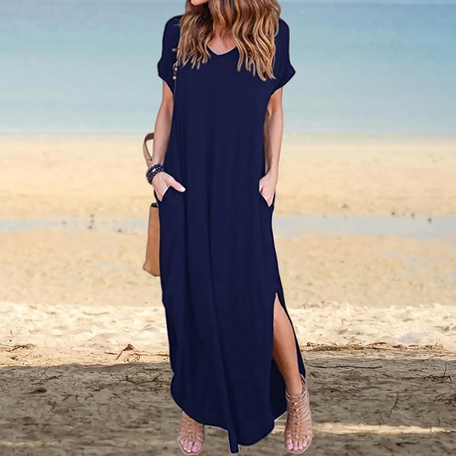 Women Summer Long T Shirt Dress Loose Short Sleeve Split Long Maxi Dresses Casual Beach Sundress Travel Vacation Outfits