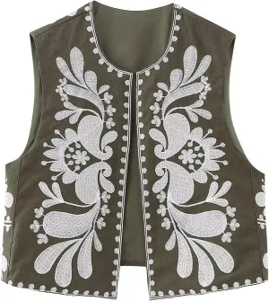 Women Vintage Floral Embroidered Vest Y2K Sleeveless Open Front Cardigan Boho Linen Cropped Waistcoat