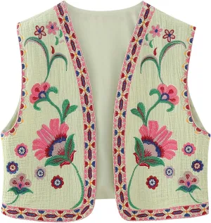 Women Vintage Floral Embroidered Vest Y2K Sleeveless Open Front Cardigan Boho Linen Cropped Waistcoat