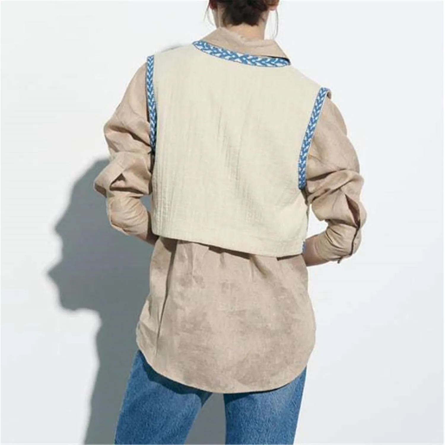 Women Vintage Floral Embroidered Vest Y2K Sleeveless Open Front Cardigan Boho Linen Cropped Waistcoat