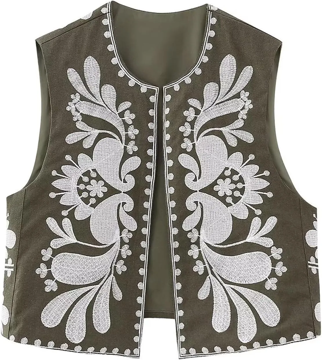 Women Vintage Floral Embroidered Vest Y2K Sleeveless Open Front Cardigan Boho Linen Cropped Waistcoat